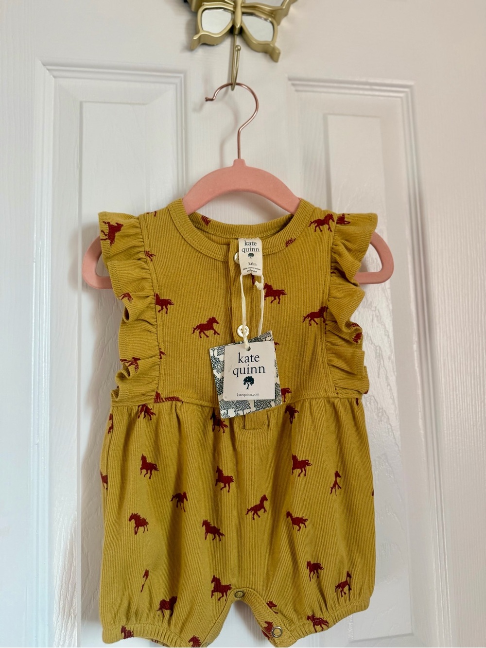 kate quinn Mustard Romper with Maroon Horse Print and Ruffles